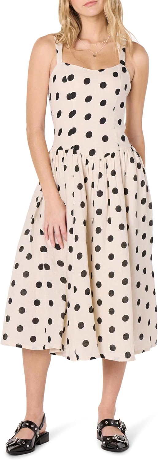 The Drop Women's Balu Feminine Shaped Waist Midi Dress Size X-Large Whisper White/Black Polka Dot