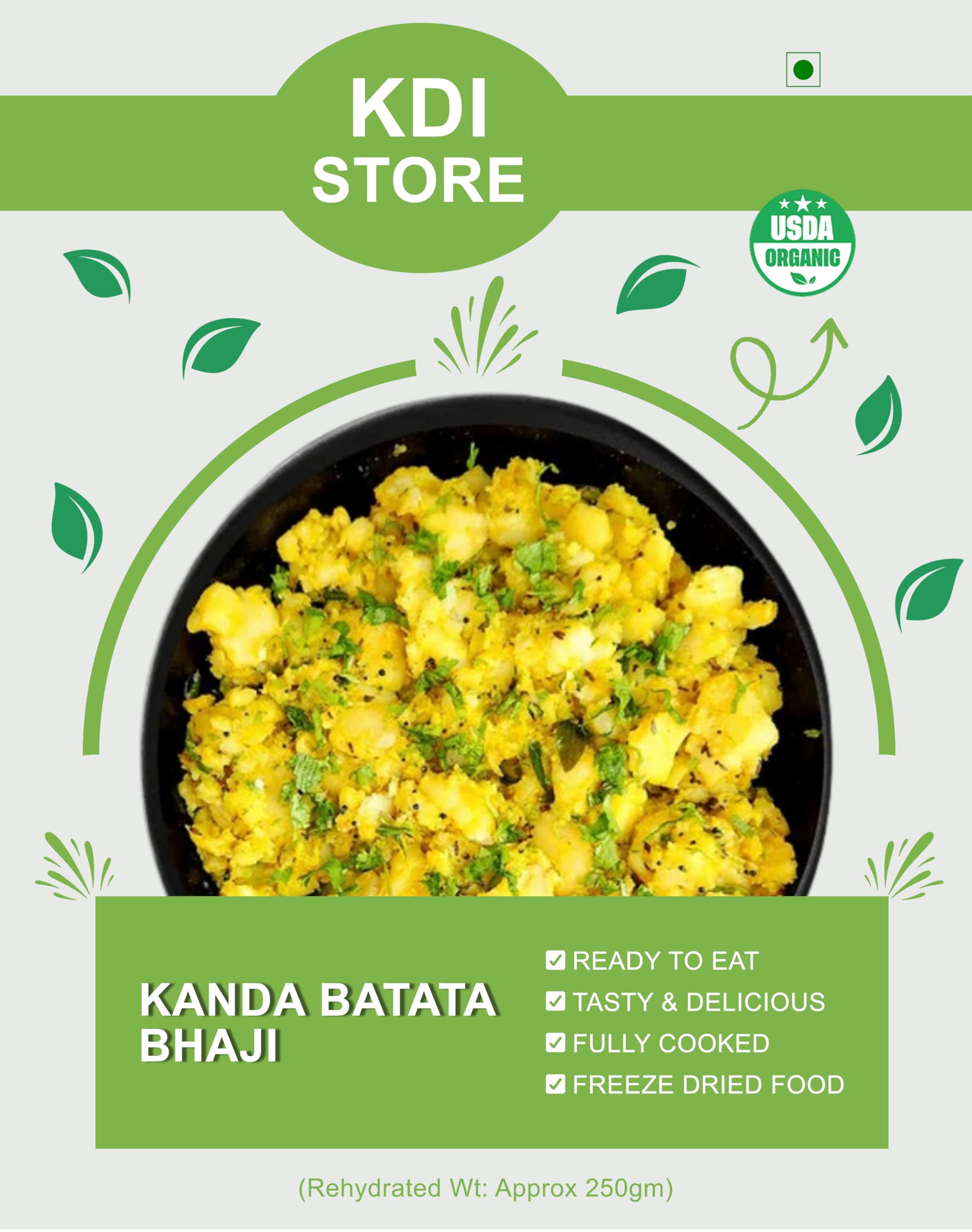 KDI Store Kanda Batata Bhaji, Ready to Eat Indian Spiced Potato Stir Fry, Freeze Dried Food, USDA Organic, 55g