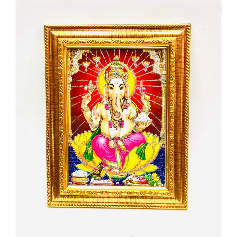 Lord Ganesh/Ganpati HD Photo with Golden Colored Frame for Puja and Decoration