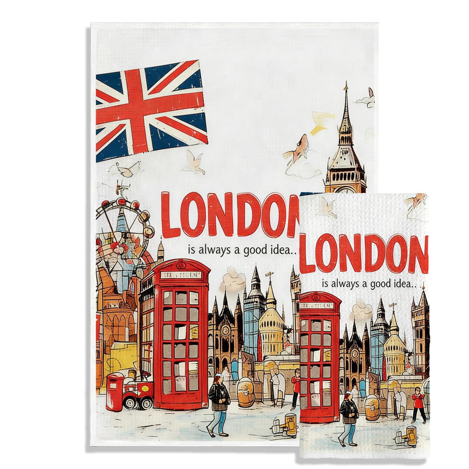 Laicaii 2 Pack London Towels, 40×60cm Retro London Print Towel, Soft & Lint Free for Kitchen, Beach, Bath, London Souvenirs Gifts, hair towel, Absorbent Quick