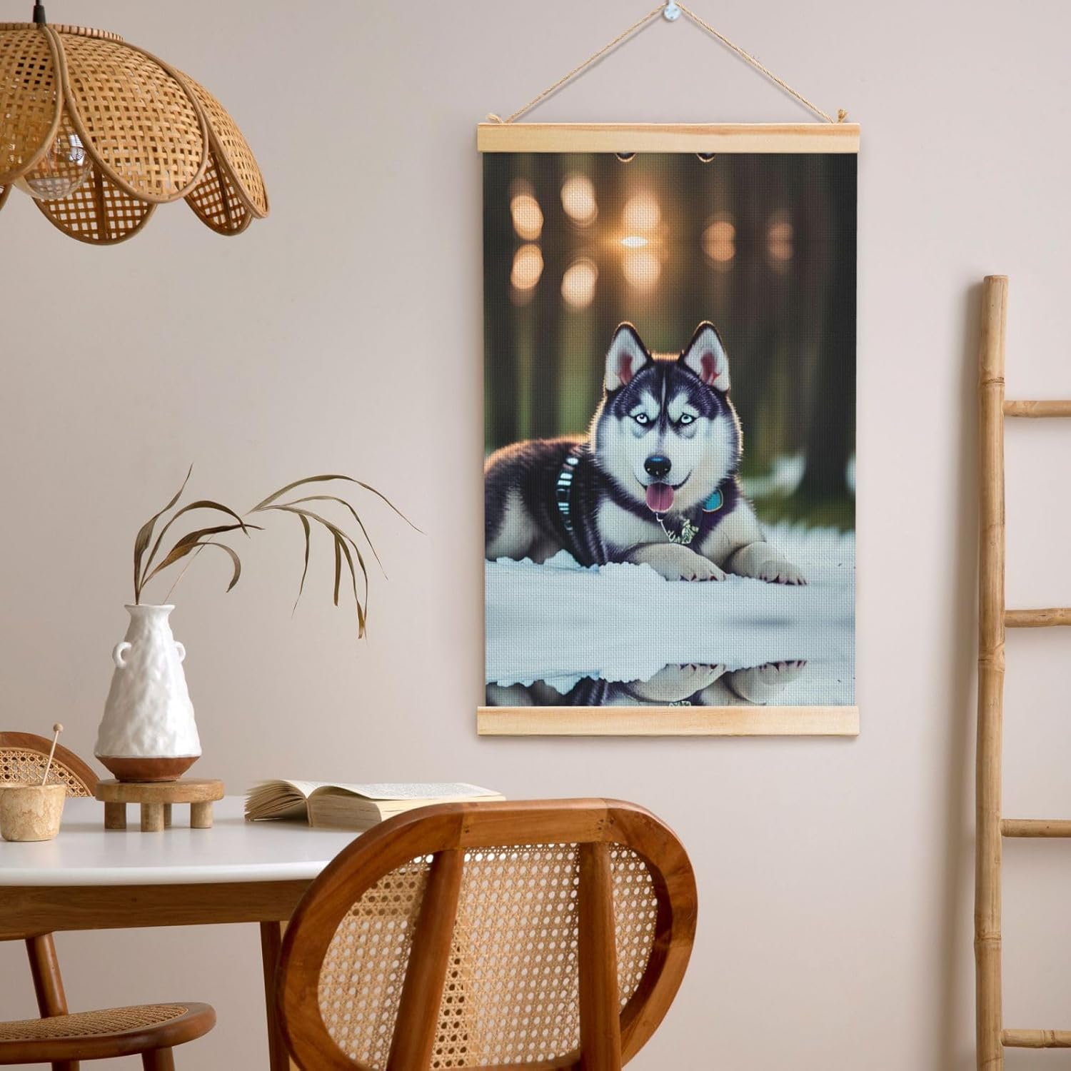 Husky Dog Print Poster Hanger,Hanging Poster, Poster Frame,Wood Poster Hanger, For Wall Hanging