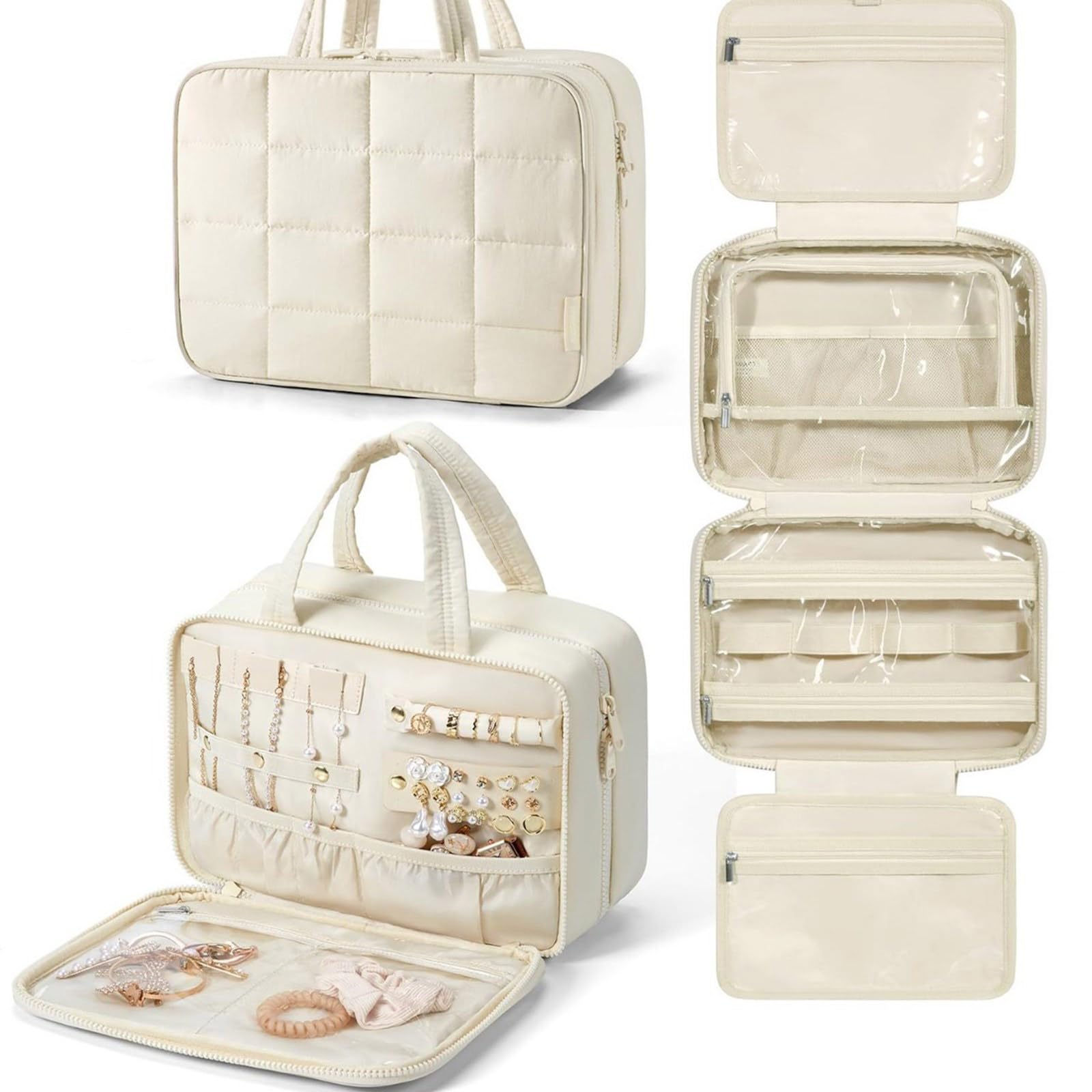 Trousse de toilette de voyage à suspendre, plusieurs compartiments, polyester imperméable, trousse de maquillage ergonomique pour voyage d'affaires, trousse de toilette suspendue pour camping, beige
