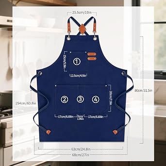 Chef Aprons for Men Women with Large Pockets, Cotton Canvas Water Repellent Kitchen Apron for Cooking