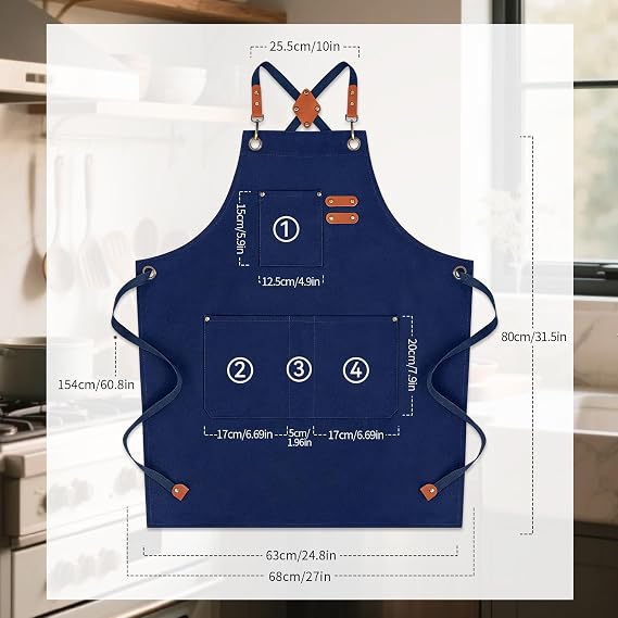 Chef Aprons for Men Women with Large Pockets, Cotton Canvas Water Repellent Kitchen Apron for Cooking