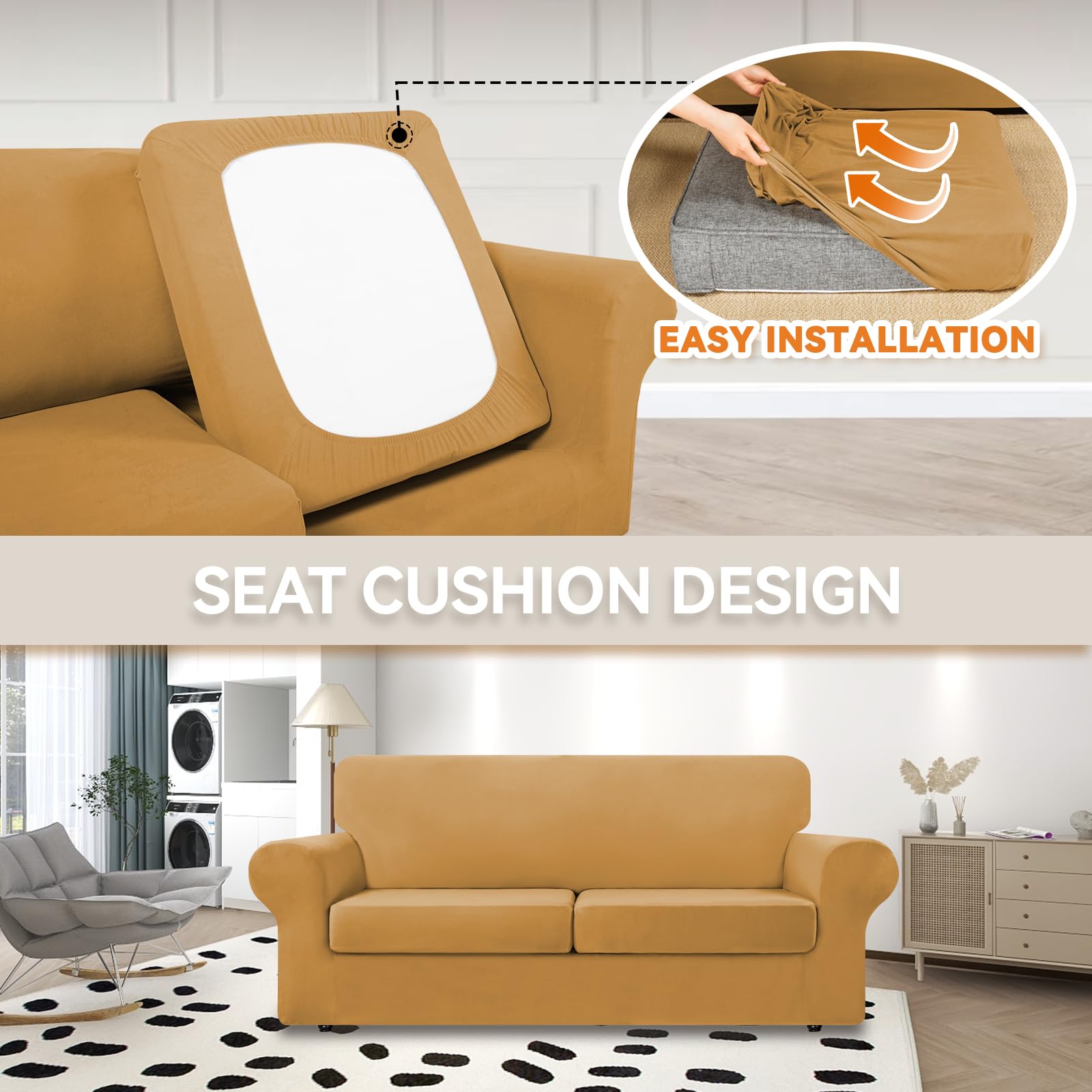 KEKUOU - Funda Elástica Para Sofá De 3 Cojines (201-239 Cm), Protector De Muebles De 3 Plazas Con Parte Inferior Elástica Para Niños, Perros, Jacquard Pequeño A Cuadros (grande, Caqui