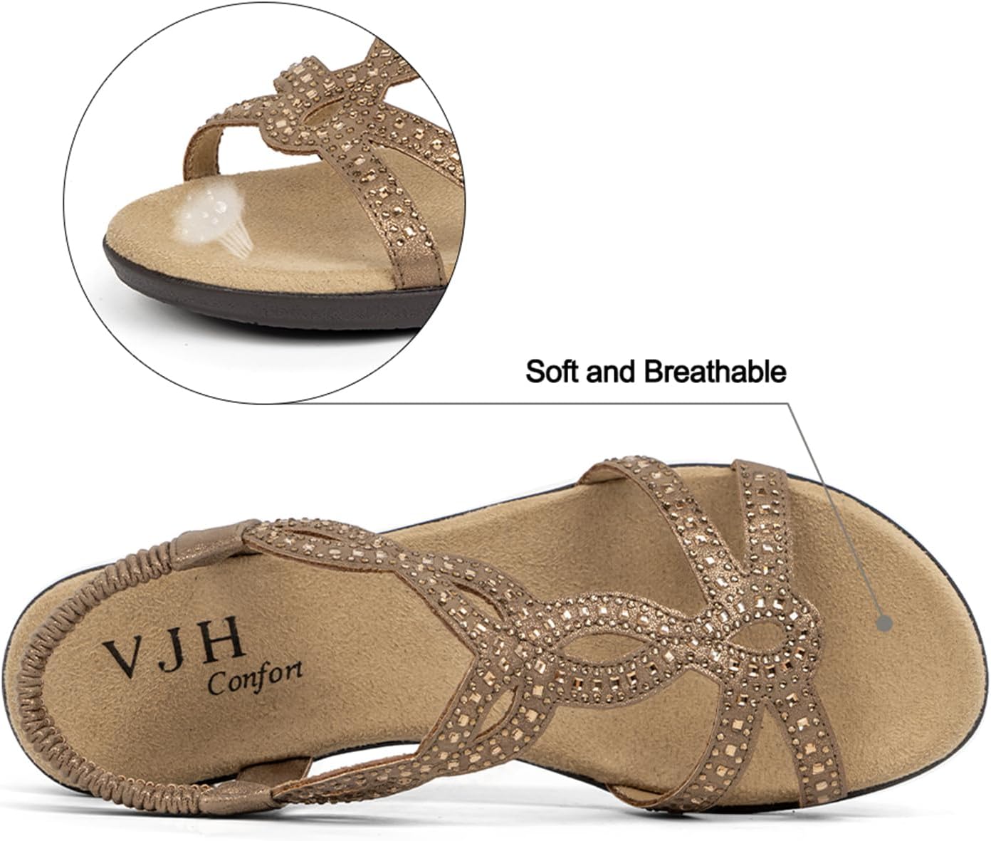 VJH confort Women’s Flat Sandals,Comfort Elastic Strap Rhinestone Open Toe Slip-On Casual Walking Sandals - Image 4