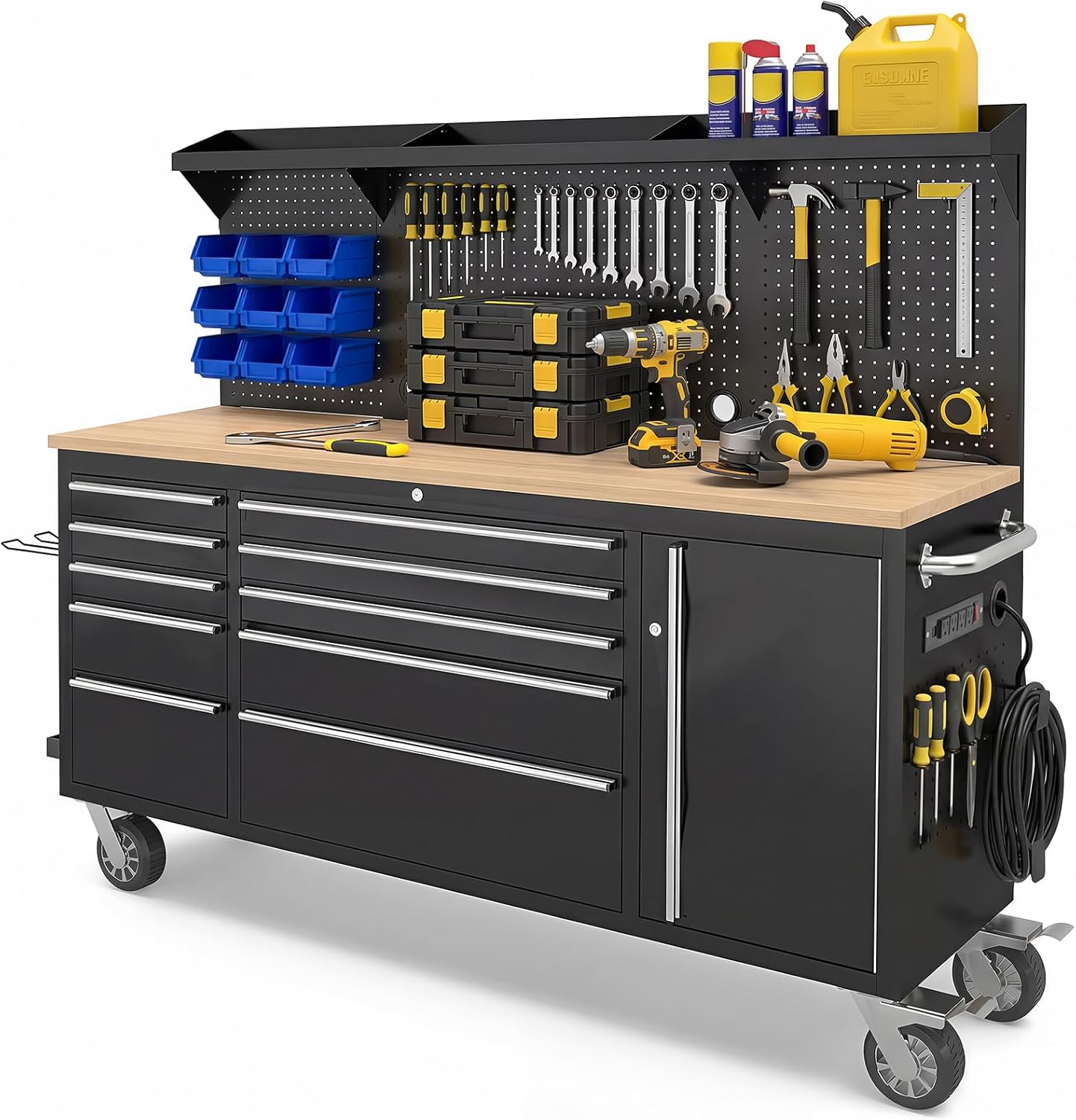 72" Rolling Tool Chest, Heavy-Duty Tool Box with Power Outlet, Tool Cabinet, Rubber Wood Workbench with Key Locking System Drawer Liners for Garage Warehouse Repair Shop