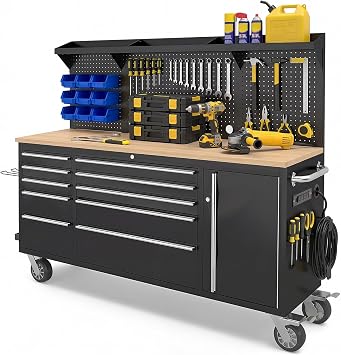 72" Rolling Tool Chest, 10 Drawers Garage Workbench Storage Tool Cabinet with Power Strip, Solid Rubber Wood Top, Pegboard, Light Strip, Mobile Workstation with Key Locking System