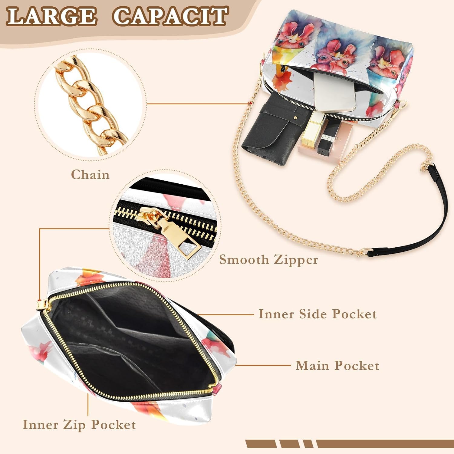 Women Crossbody Bag Shoulder Handbag Cellphone Purse Festival Chicken Print, PU Leather Metal Chain Strap Water Resistant Zipper Closure
