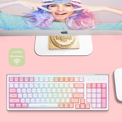 Miniatura 9 de CK98 - Combo de teclado y mouse inalámbricos para juegos, recargable RGB blanco, retroiluminado RGB de 98 teclas, sensación mecánica, teclado de