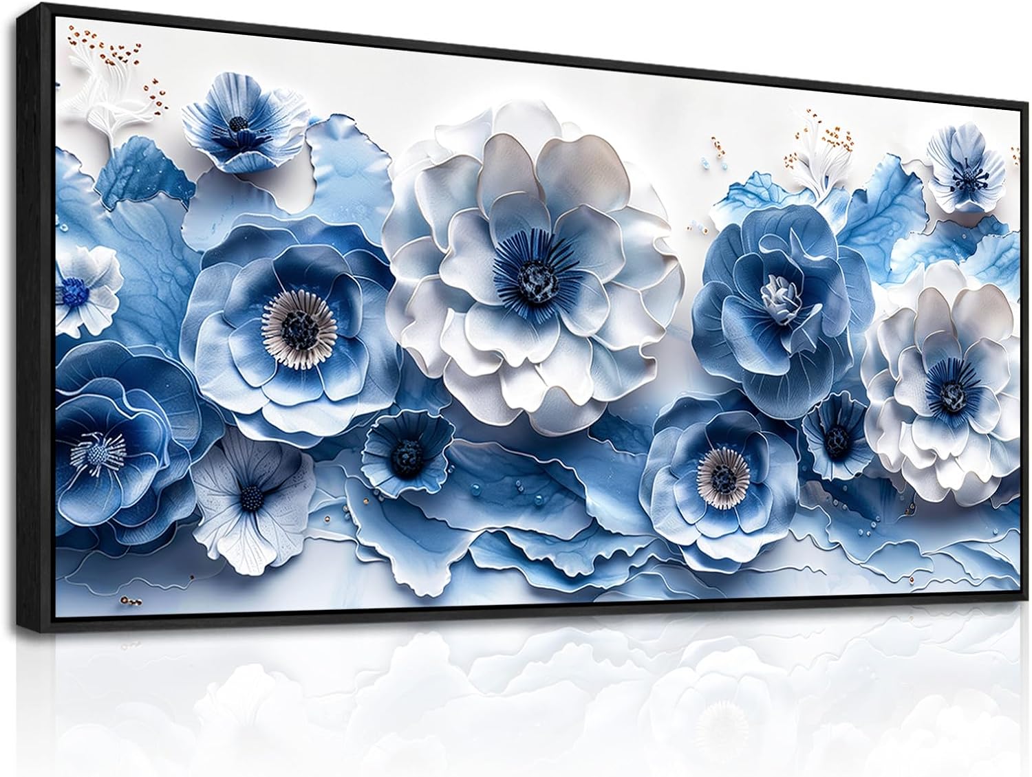 XIGUANGART Flower Prints Wall Art for Living Room Blue and White Paintings for Office Modern Black Framed Artwork Floral Pictures Wall Decoration for Bedroom Kitchen Women Mural Aesthetic Home Decor