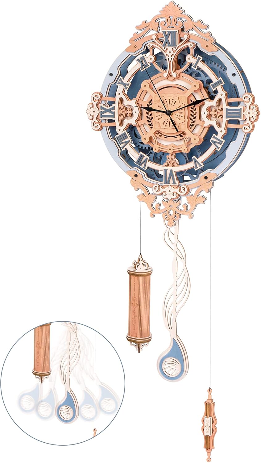 The fully assembled ROBOTIME LC701 Mechanical Wooden Wall Clock with its pendulum and weights.