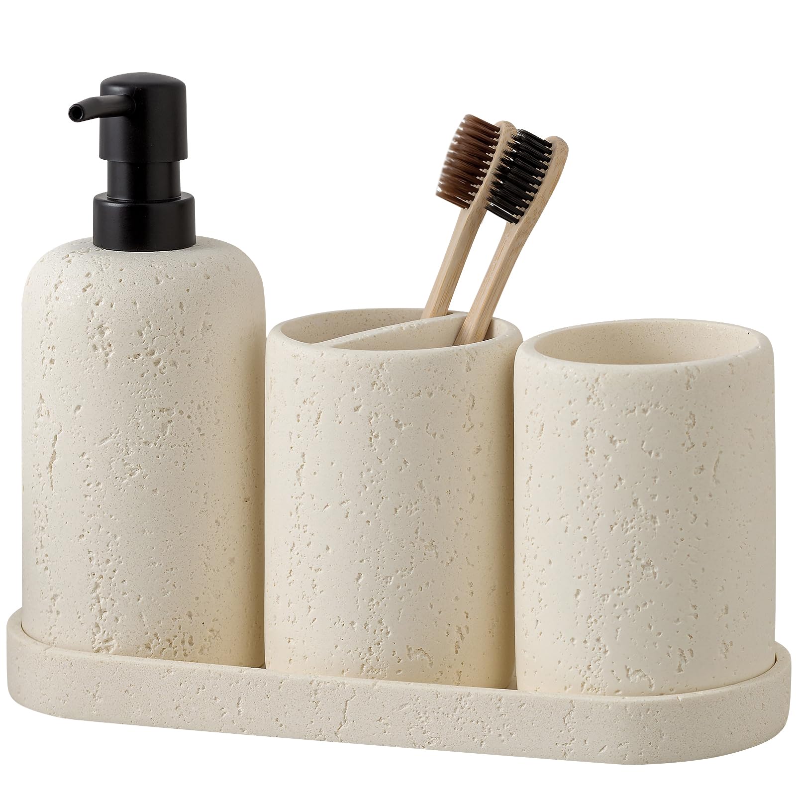Photo 1 of ***STOCK PHOTO FOR REFERENCE ONLY***
WUUAHOME Bathroom Accessories Set, 4 Piece Travertine Stone Look Collection, Modern Bath Organizer with Soap Dispenser, Toothbrush Holder, Tumbler, Vanity Tray for Countertop Kitchen Sink (Off White)