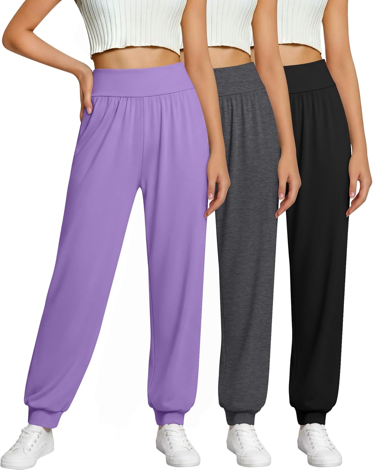 3 Pack Girls' Jogger Pants High Waisted Athletic Sweatpants for Kids Casual Soft Cuff Joggers Ages 5-14