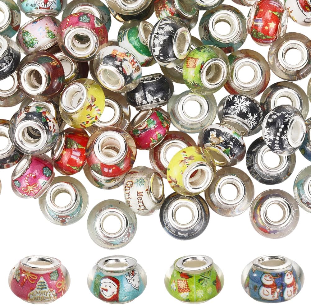 120Pcs Resin Rondelle Beads Large Hole European Lampwork Beads 14mm Colorful Faceted Loose Spacer Charms with Silver Brass Cores for Bracelets Necklace Keychains Pens Crafts Jewelry Making