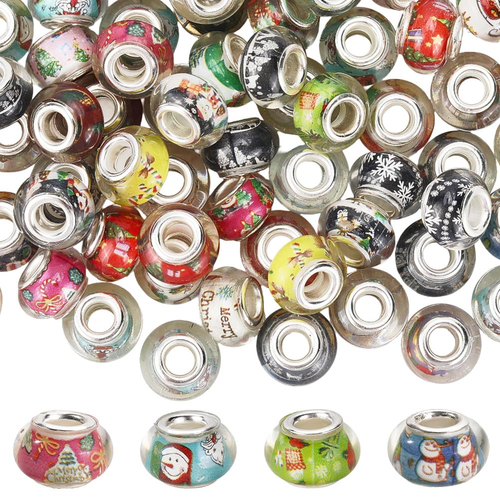 SOFPLATE 120Pcs European Christmas Beads Large Hole Resin Beads 14mm Silver Brass Double Cores Lampwork Snowman Xmas Tree Loose Spacer Charms for Beading Jewellery Making Necklace Bracelet Pens Craft โ image 1