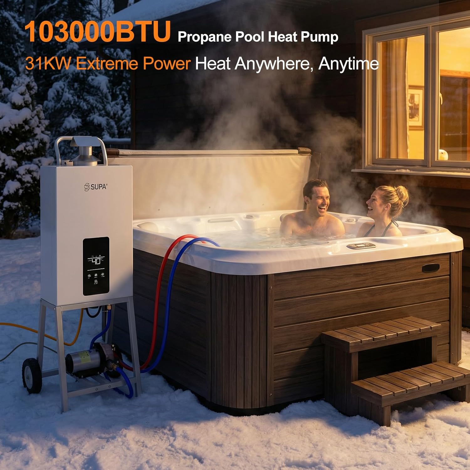 Slsy SUPA 105,000 BTU Propane Pool Heater, World’s Fastest Heating for Above Ground Pools, Hot Tubs & Spas, Outdoor Water Heater with Digital Thermostat, Portable with Wheels