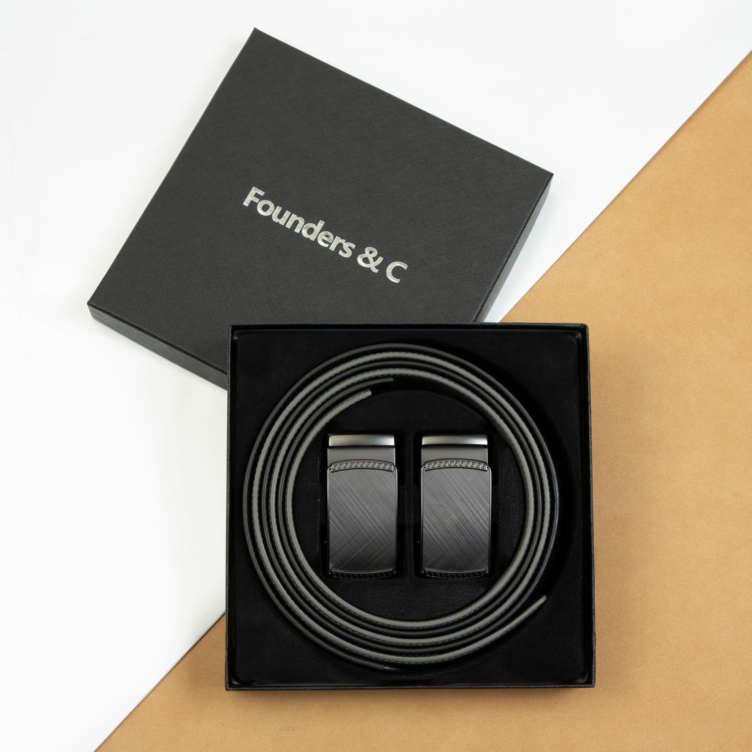 Founders & C Mens Belt 2 Pack,Leather Ratchet Click Belt Dress with Slide Buckle 1 3/8" in Gift Set Box- Size Adjustable - Image 6