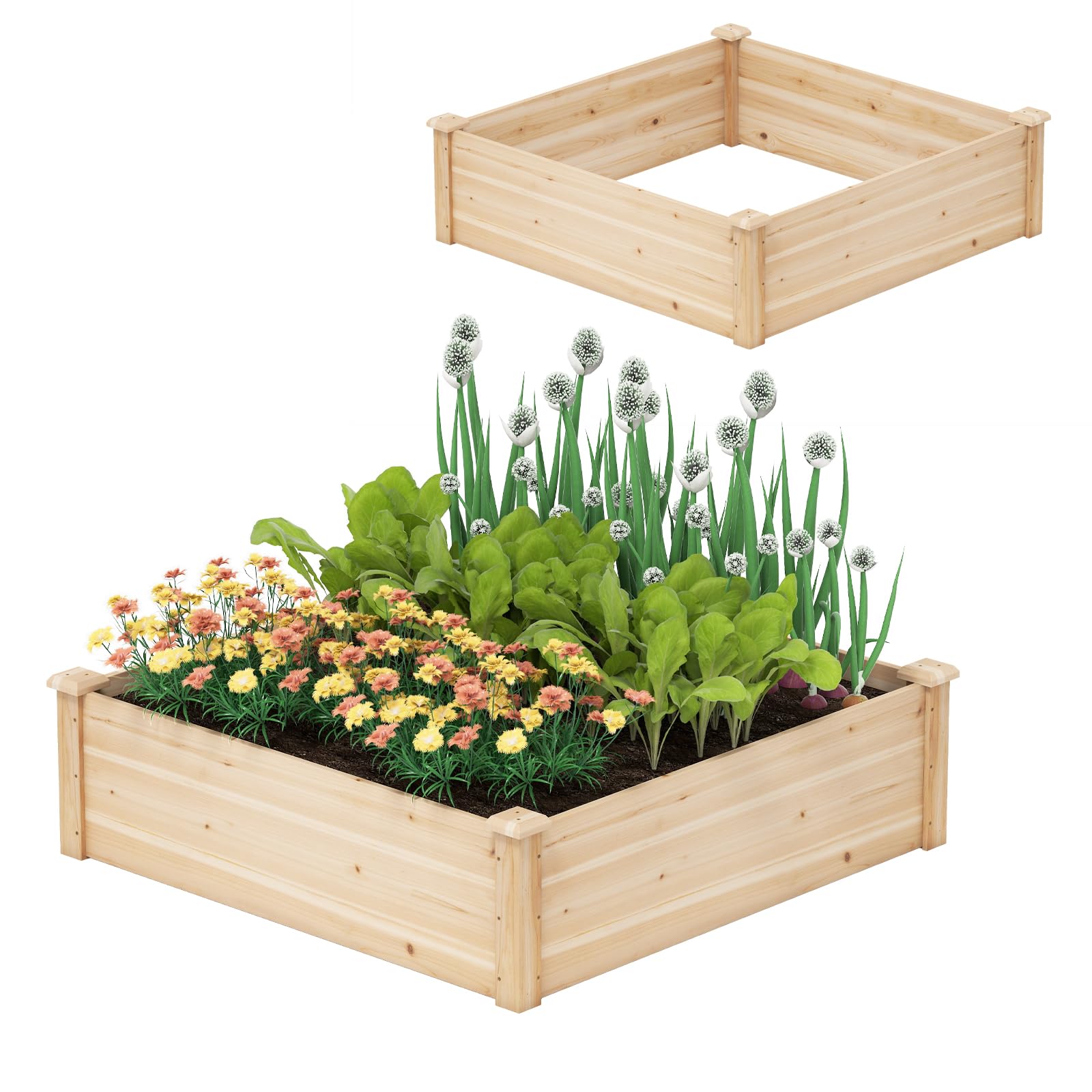 HOMASIS Orto Rialzato da Esterno in Legno di Pino, Vaso per Piante con Fondo Aperto, Fioriera da Giardino per Fiori, Verdure e Erbe da Balcone o Terrazza, Naturale (102 x 102 x 30 cm)