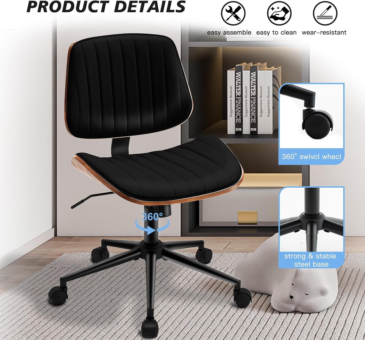 Armless Desk Chair with 360°Swivel Wheels, Ergonomic Adjustable Height Computer Chair for Home Office,PU Leather with Modern Walnut Drafting Chairs for Office, Reading Nook(Black)