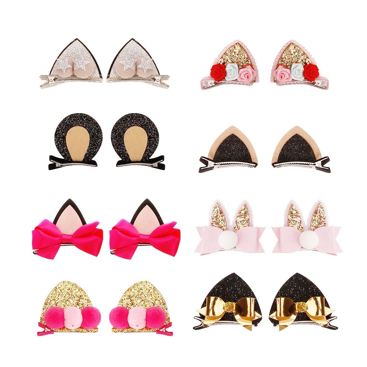 Sufermoe 16 Pcs Cat Ear Hair Bows Clips Rabbit Ear Hair Barrettes Hair Accessories for Pet or Dogs