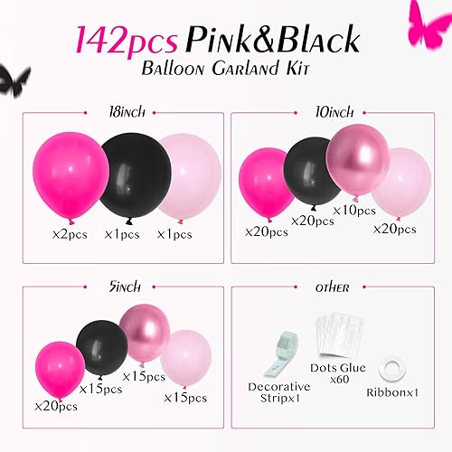 Miniatura 2 de FOTIOMRG Kit de arco de globos de color rosa y negro, rosa intenso, negro, rosa claro, rosa metálico, globos para cumpleaños, baby shower, despedida