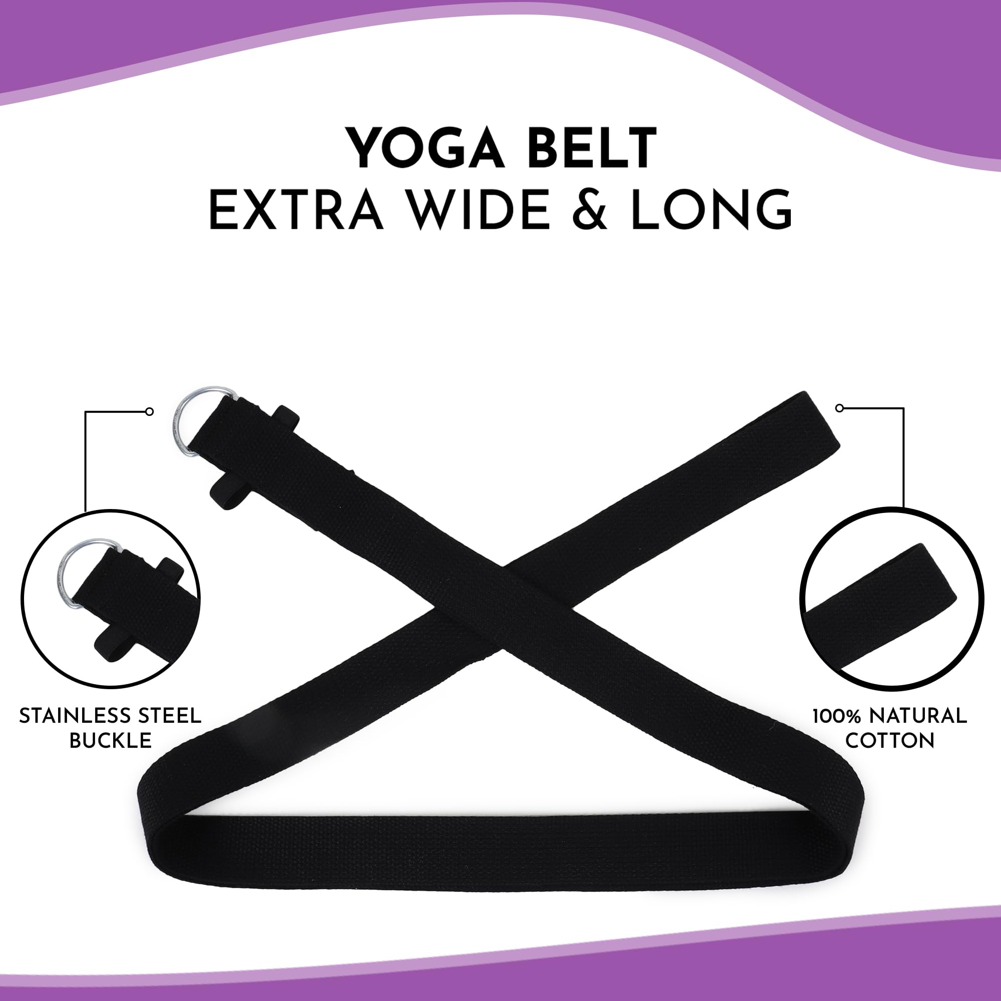 Fitness Mantra® 8.5 Feet Premium Cotton Yoga Belt for Women and Men |Adjustable D-Ring Strap for Stretching, Yoga, Pilates, Physical Therapy & Fitness |Durable & Anti-Slip Quality| Black|