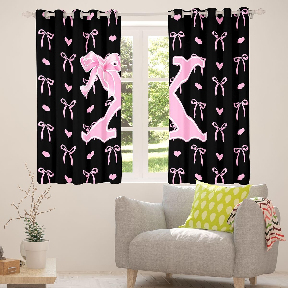 Feelyou Bow Curtains for Bedroom Living Room Black Pink Bow Blackout Shades Bowknot Room Darkening Curtain Kawaii Window Treatments, 2 Panels 38 x 45 Inch Personalized Initial X Decor image 4