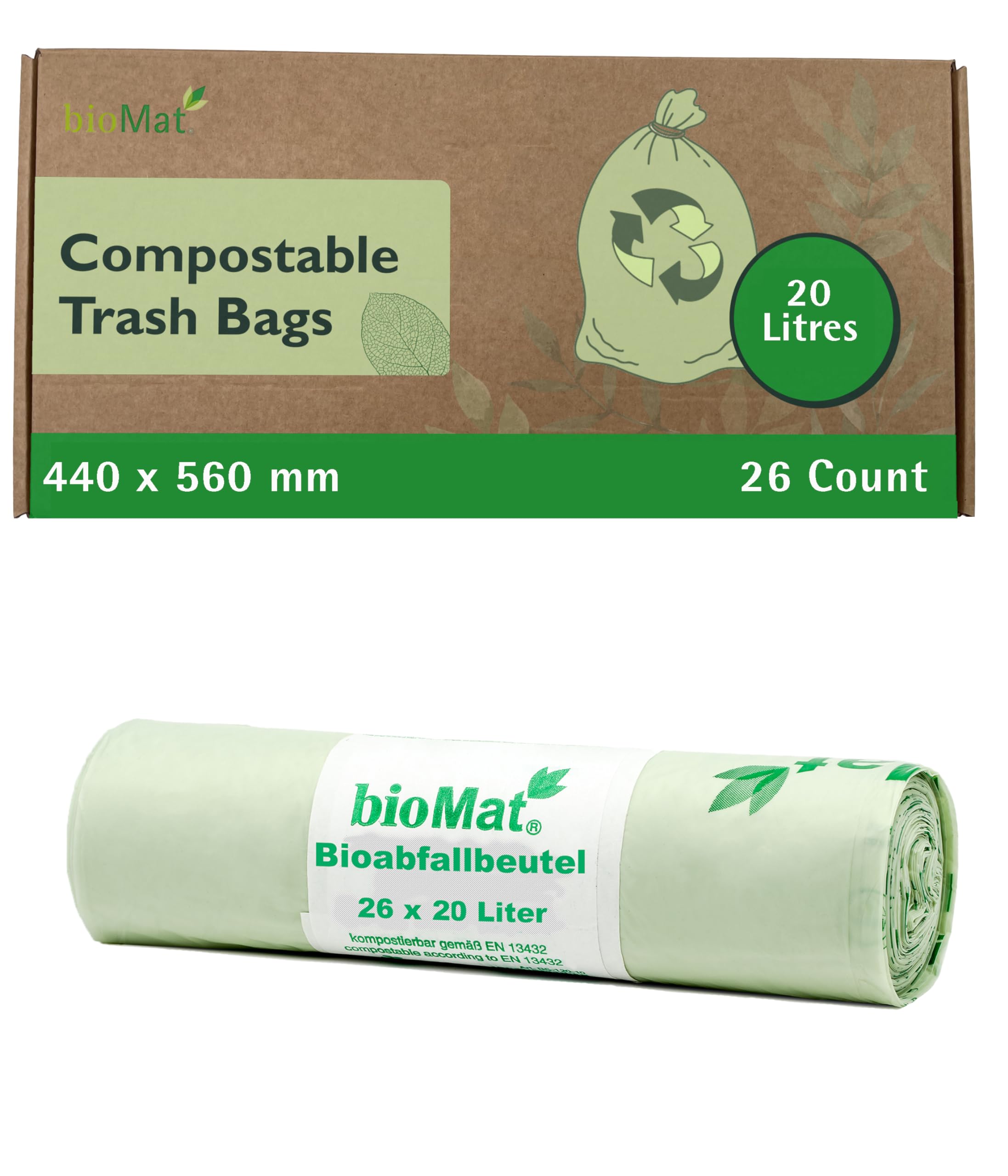 Biomat Grün Compostable 20 Litre Kitchen Caddy Liners, 26 Refuse Sacks, En 13432 Certified Compostable Food Waste Bags, For Organic Waste, Household Waste