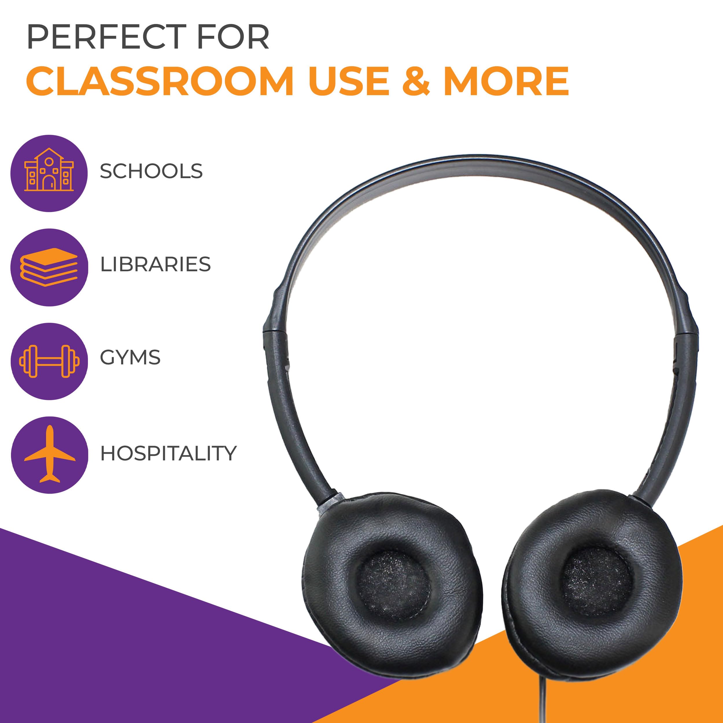 Soundnetic SN313 Bulk Classroom Headphones 100 Pack – Over The Head Stereo Headphones with Leatherette Earpads, Black – Ideal for Schools