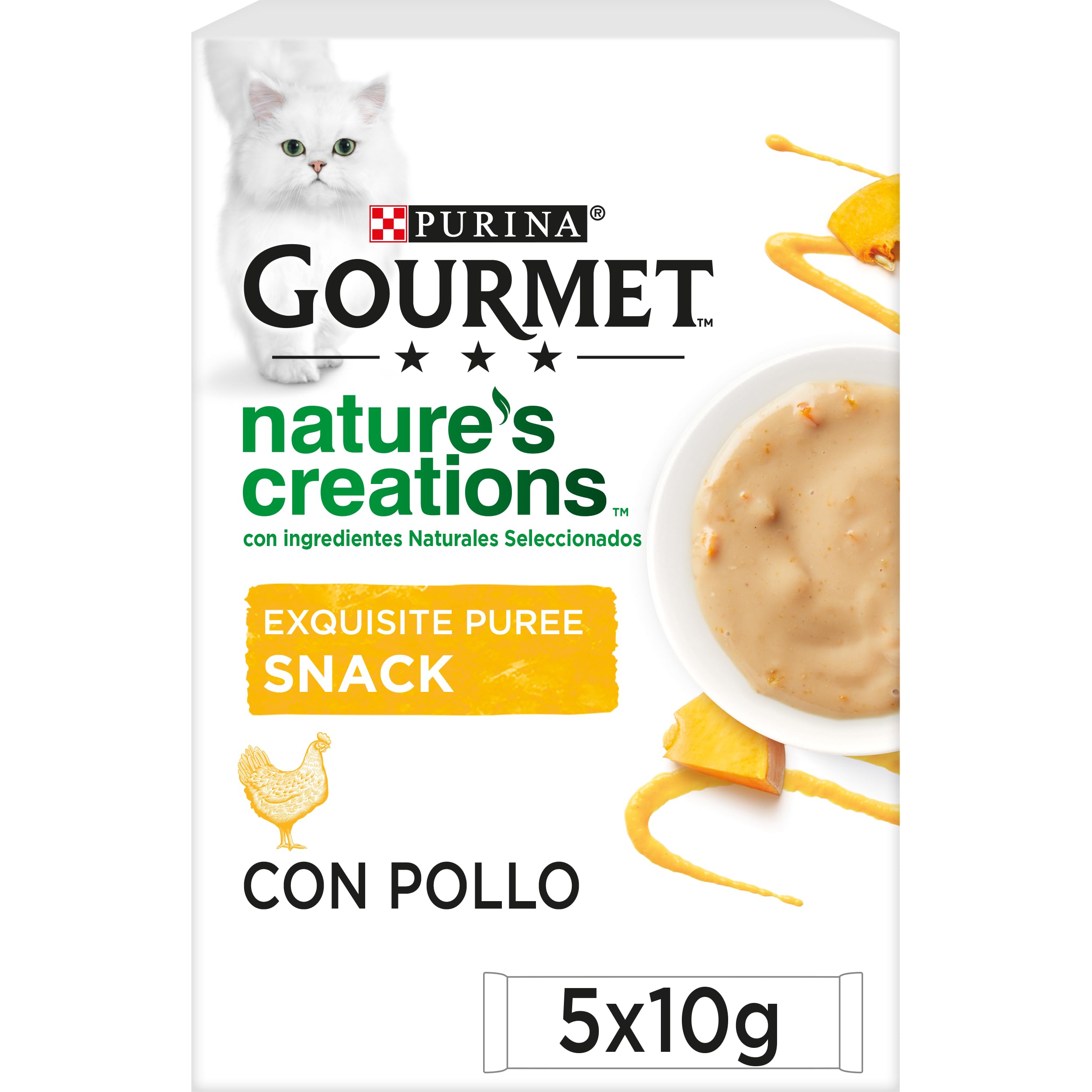 Purina Gourmet Nature's Creations Puree, Snack, premio para Gato con Pollo y Calabaza, 11 Packs de 5 sobres de 10g - 55 sobres