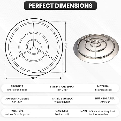 Miniatura 2 de Sartén y anillo para quemador de hoguera de acero inoxidable, funciona con propano líquido o gas natural, sartén de 36 pulgadas, anillo de alta
