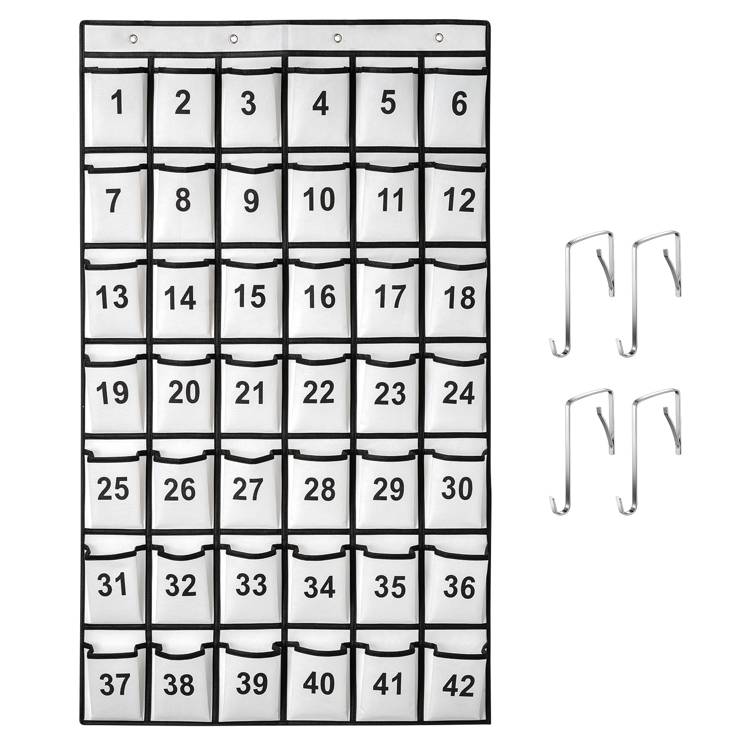 SAVERHO 42 Pockets Numbered Classroom Pocket Chart for Cell Phones, Hanging Pocket Chart Storage for Classroom Phone Calculator Holder with 4 Hooks and 42 Clear Numbers Printing (White-42pockets)