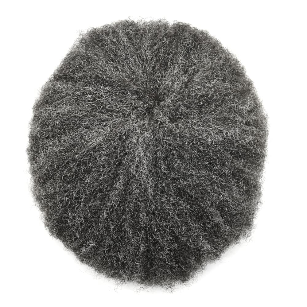 Afro Toupee For Black Men Full French Lace Mens Hairpiece Kinky Curly Hair System Replacement Wavy Units Breathable & Comfortable Wigs (8''X10'', #1B40#1B OFF BLACK+40% GREY-6MM Afro Wave)