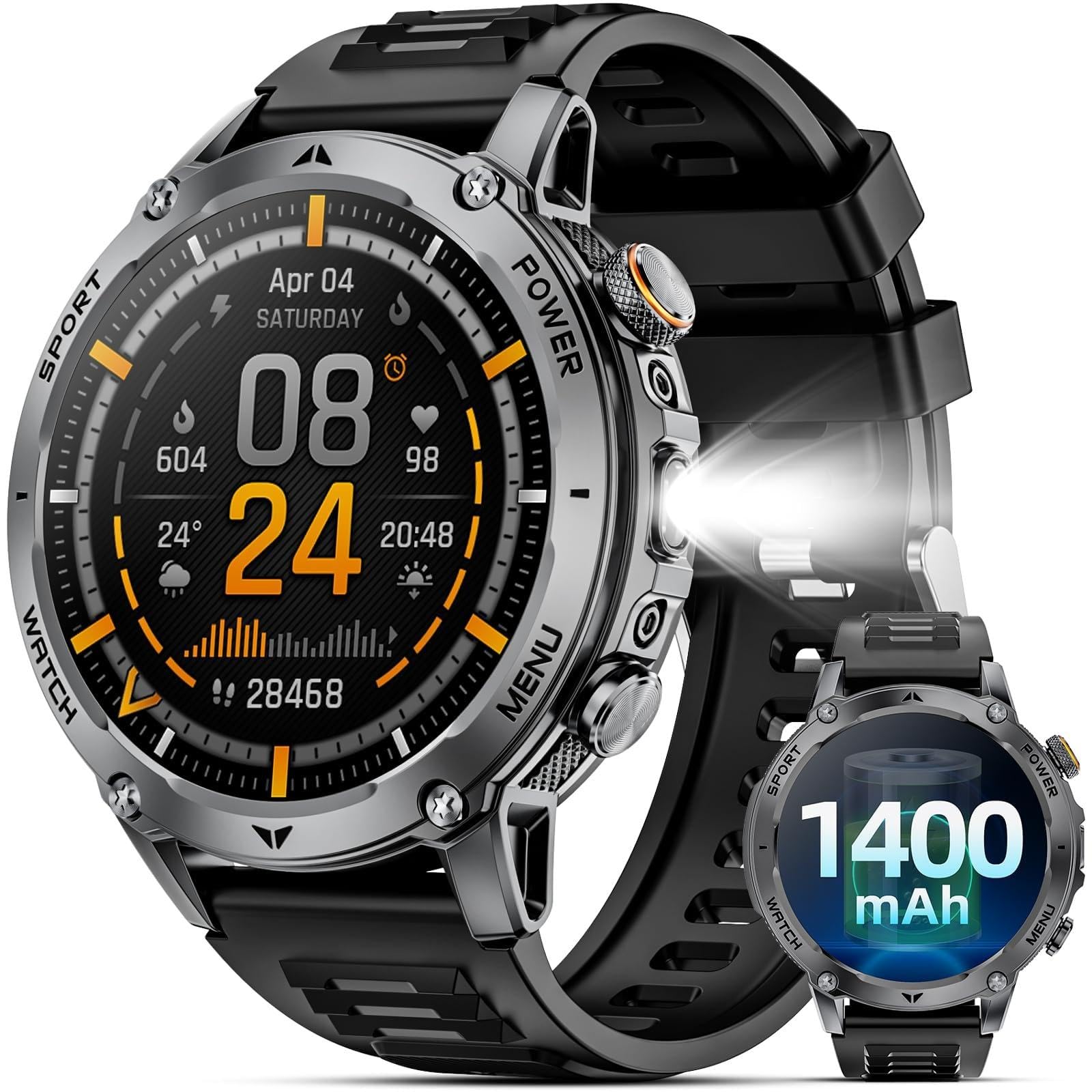 Military Smartwatch for Men, 1400mAh Battery, Bluetooth Call with LED