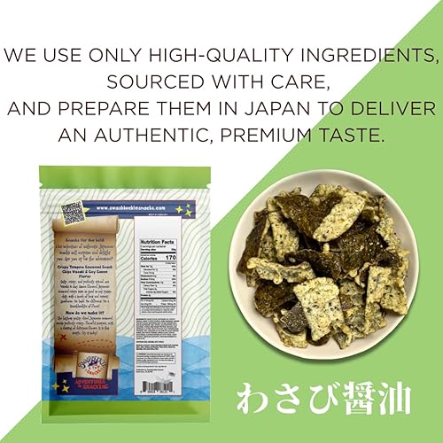 Miniatura 3 de Swashbuckle Snacks Chips crujientes de tempura algas marinas sabor Wasabi y salsa de soja 5.29 oz (150 g), fabricado en Japón, Otsumami