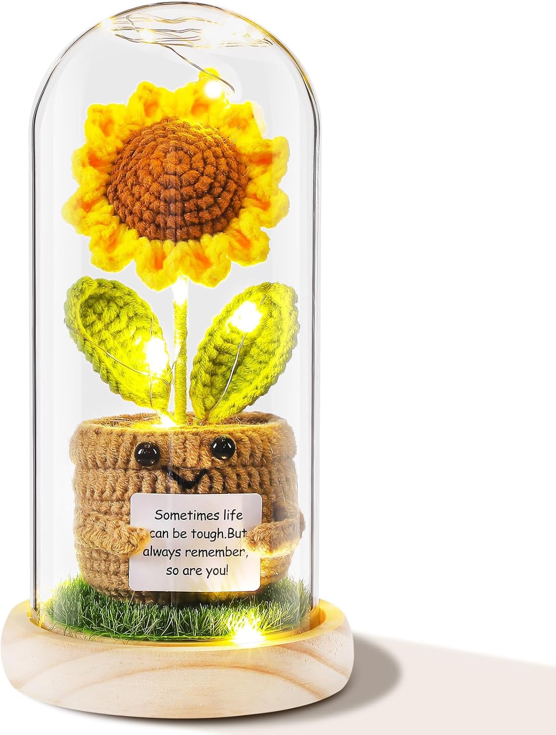 Honoson Sunflower Valentines Gifts for Women 9'' Crochet Sunflower Gifts for Her Wife Girlfriend Mom Light up Flower in Glass Dome Gift for Birhday Mother Day