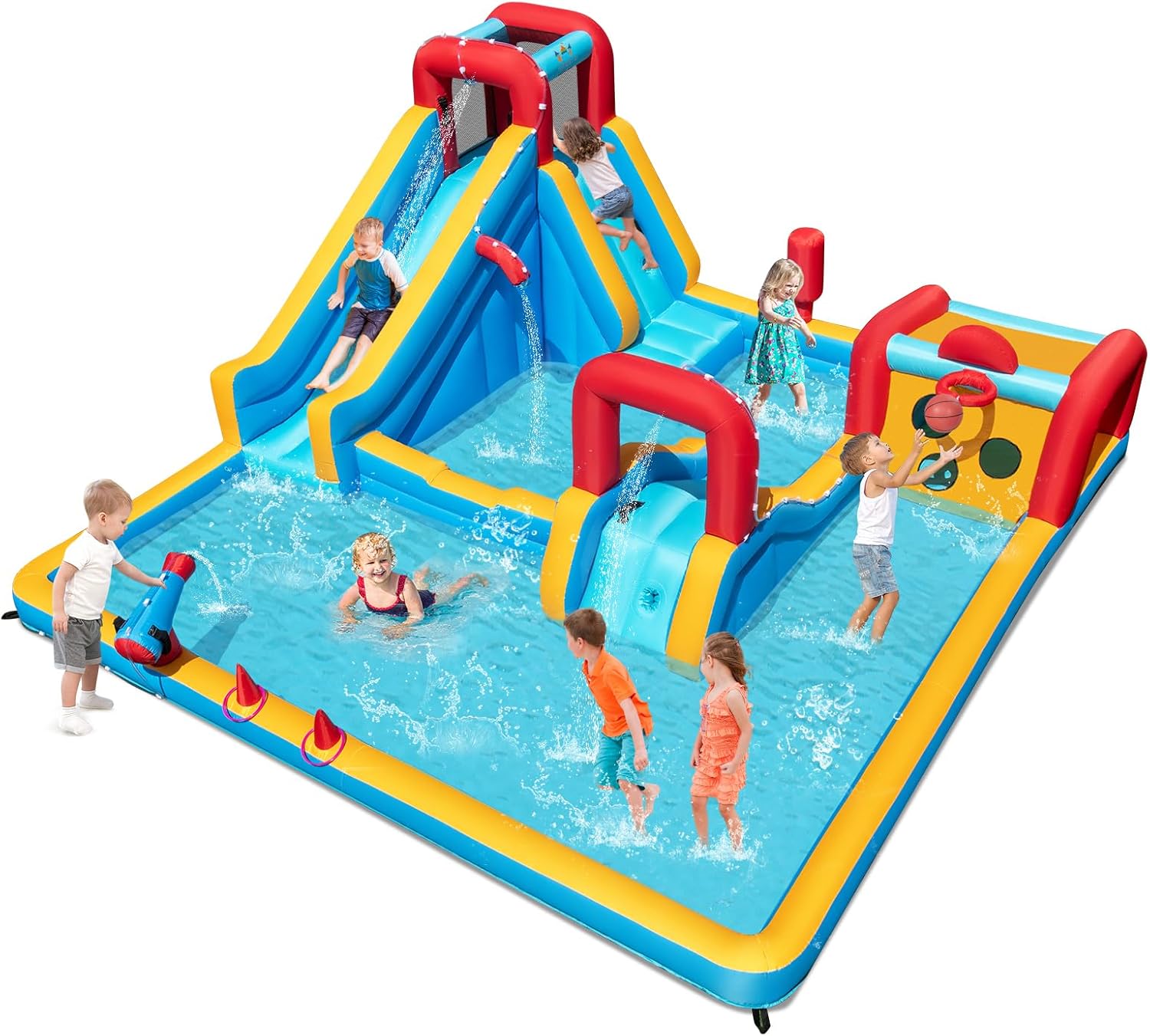 BOUNTECH Inflatable Water Slide Park, 9-in-1 Mega Water Bounce House Bouncy Castle w/2 Large Splash Pools, Basketball, Blow up Water Slide Inflatables for Big Kids Aged 3-12 Backyard Party Gifts