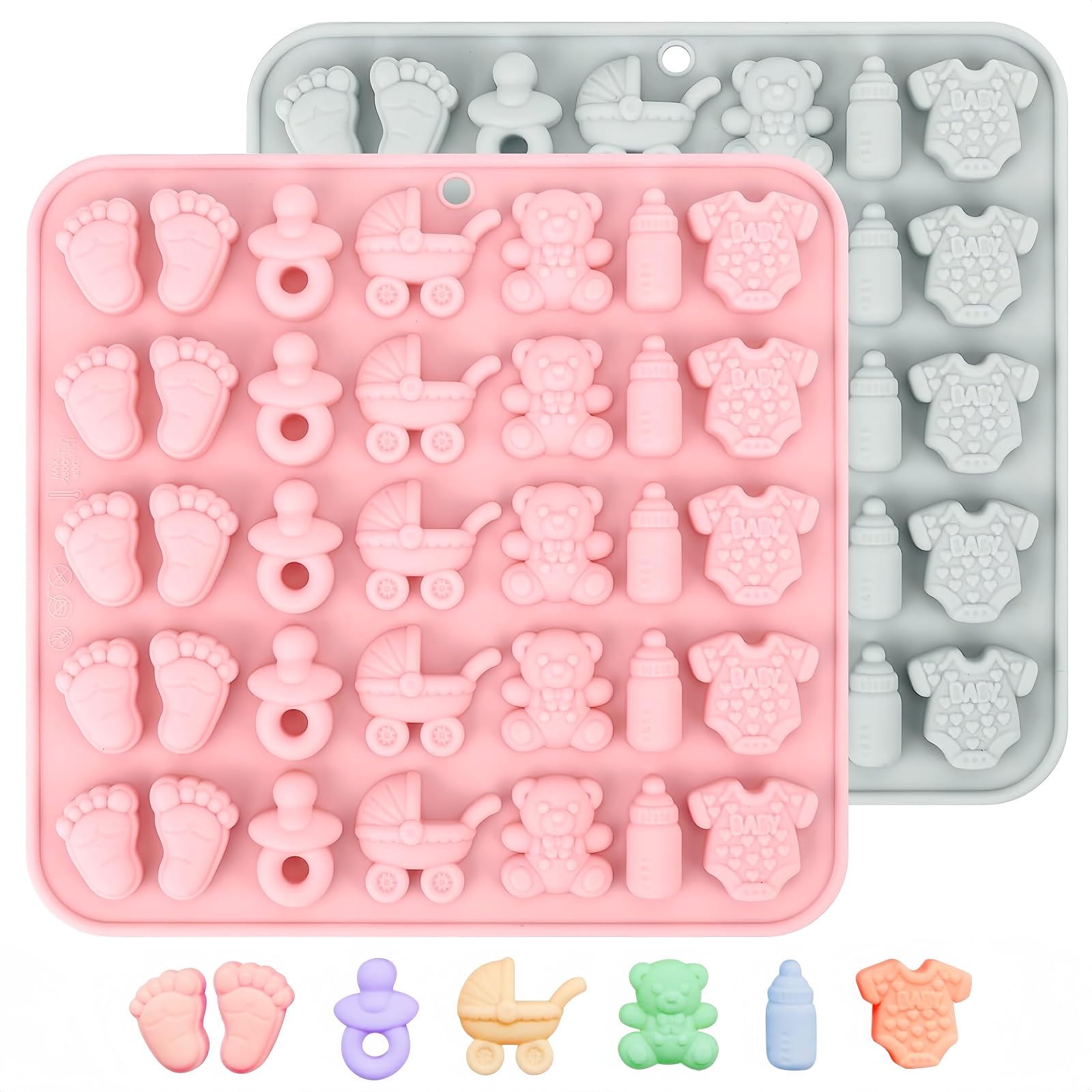 Samheng 2 Pcs Baby Shower Chocolate Moulds, Non-Stick Silicone Candy Moulds, Baby Feet Onesies Pacifier Bottle Carriage Bear Shaped Mould For Baking Jelly Gummy Desserts