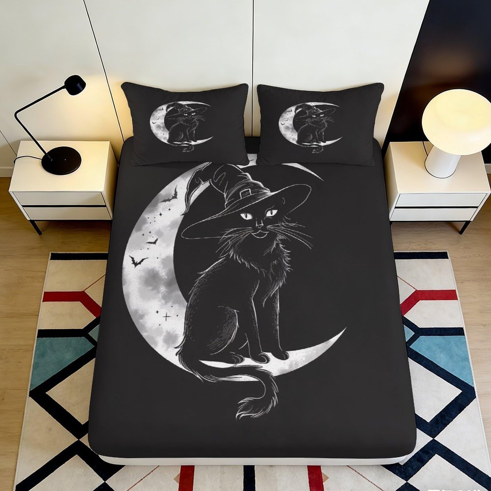 Pnayamiorkfel Style-5 3D Printed Witch Cat Moon Fitted Sheet Microfiber Black Gothic Bat Bed Cover For Bedroom Guest Room Decor 90X200x25cm