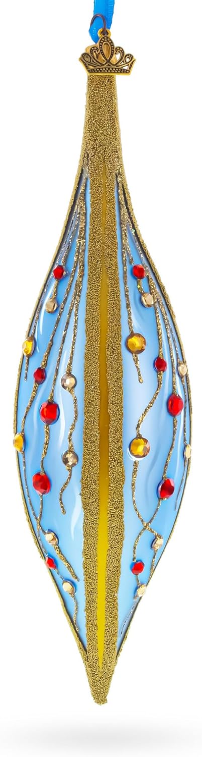Blue and Gold Jeweled Vine Elongated Pointed Teardrop Finial Glass Christmas Ornament - Image 2
