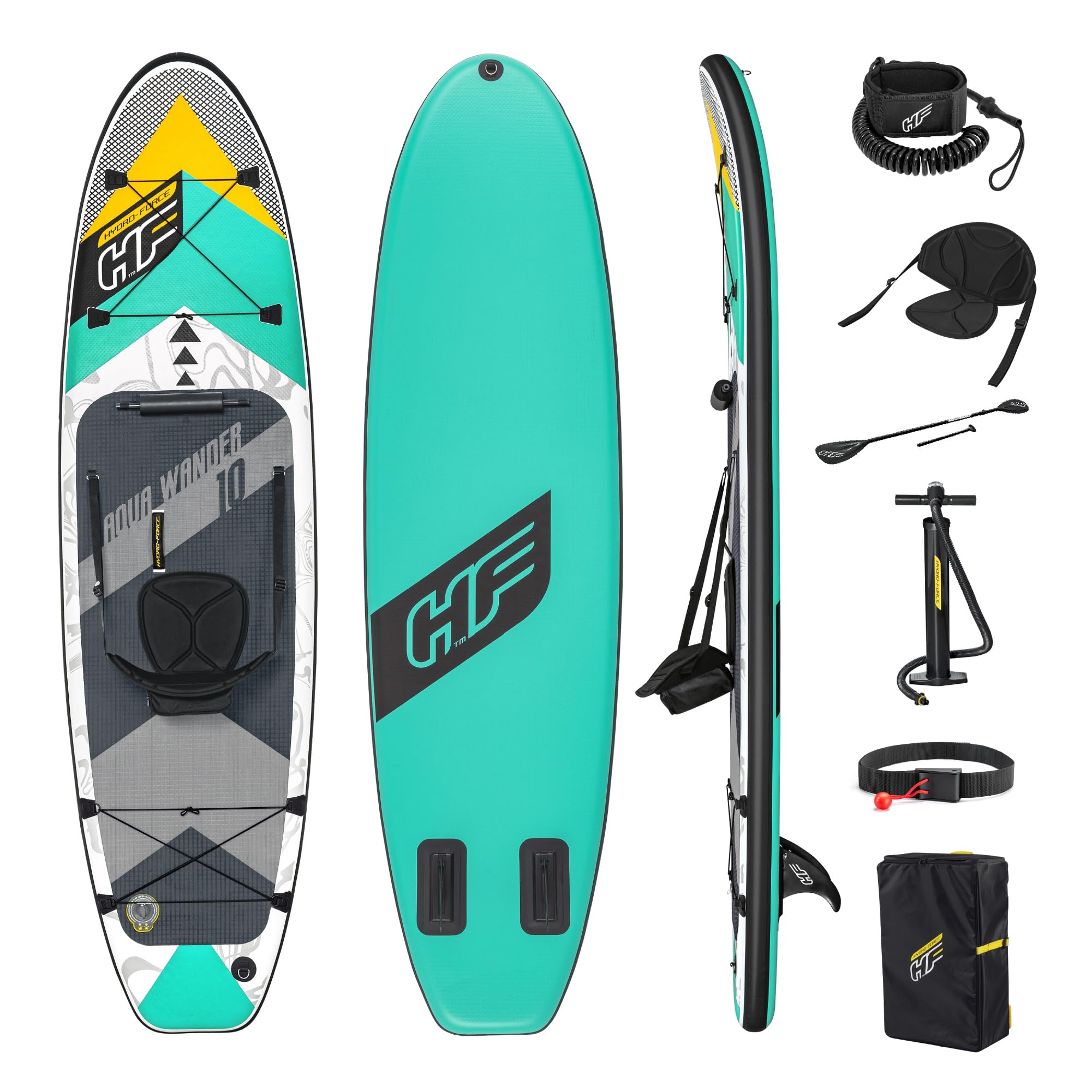 Hydro-Force Inflatable Stand Up Paddle Board | Complete Set with Kayak Conversion Kit with Hand Pump, Backpack, Leash, Fin, Paddle, 10FT, Aqua Wander