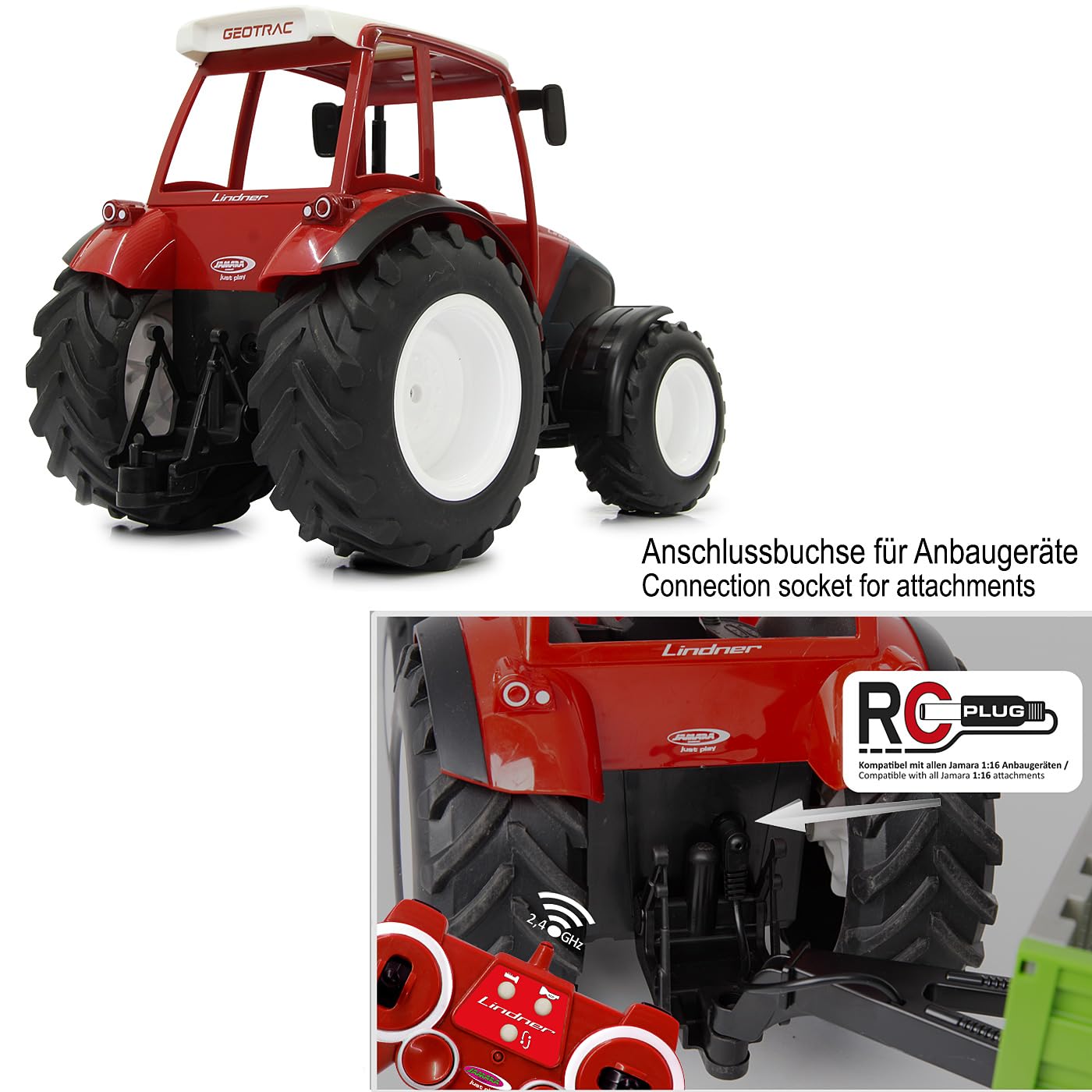 JAMARA Lindner Geotrac 405051 – 1:16 2,4 GHz – Son du Moteur réaliste (désactivable), avertisseur de recul, 2 Roues motrices, LED claires à l'avant, Clignotant, Fonction démo, Rouge
