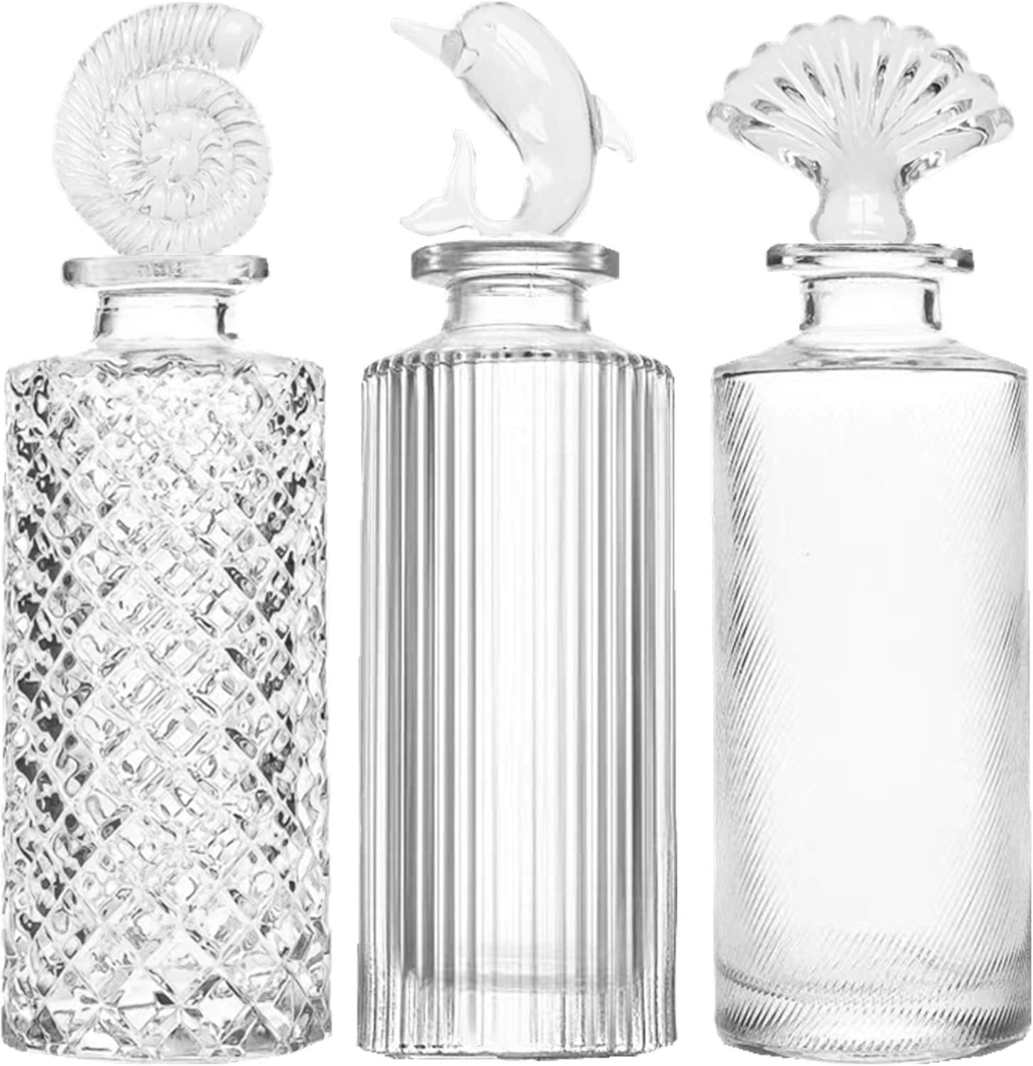 Clear Vintage Glass Bottles with Stopper, Embossed Glass Bottles, Reed Diffuser Sets, Apothecary Flower Bud Vases,Set of 3 : Home & Kitchen