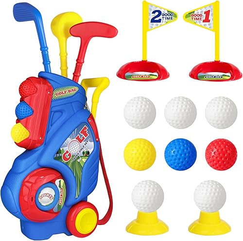 Juego de golf para niños y niñas de 2, 3, 4, 5 años, carrito de golf mejorado para niños con 3 palos y 8 bolas, juguetes deportivos para interiores