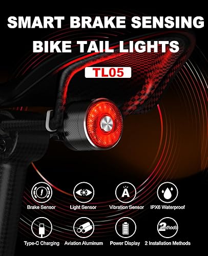 Miniatura 2 de TOWILD TL05 - Luz trasera para bicicleta, luces traseras de bicicleta con detección de freno inteligente, cable tipo C, impermeable, luces traseras