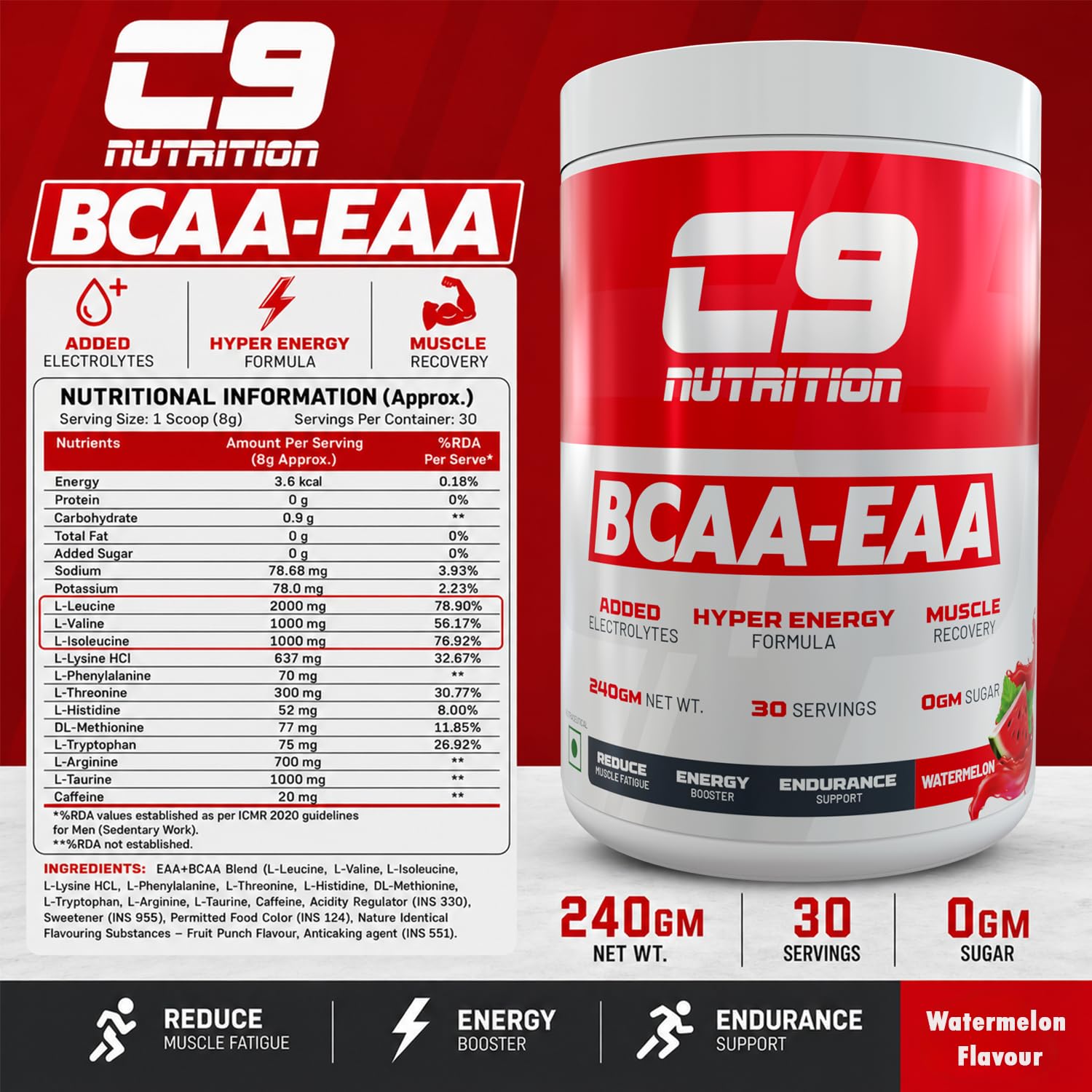 C9 NUTRITION BCAA EAA Powder with 5000mg BCAA, 9000mg EAA & 500mg L-Arginine | Sugar-Free Amino Acid Supplement with Electrolytes for Workout & Muscle Recovery | 30 Servings, Watermelon Flavour 4