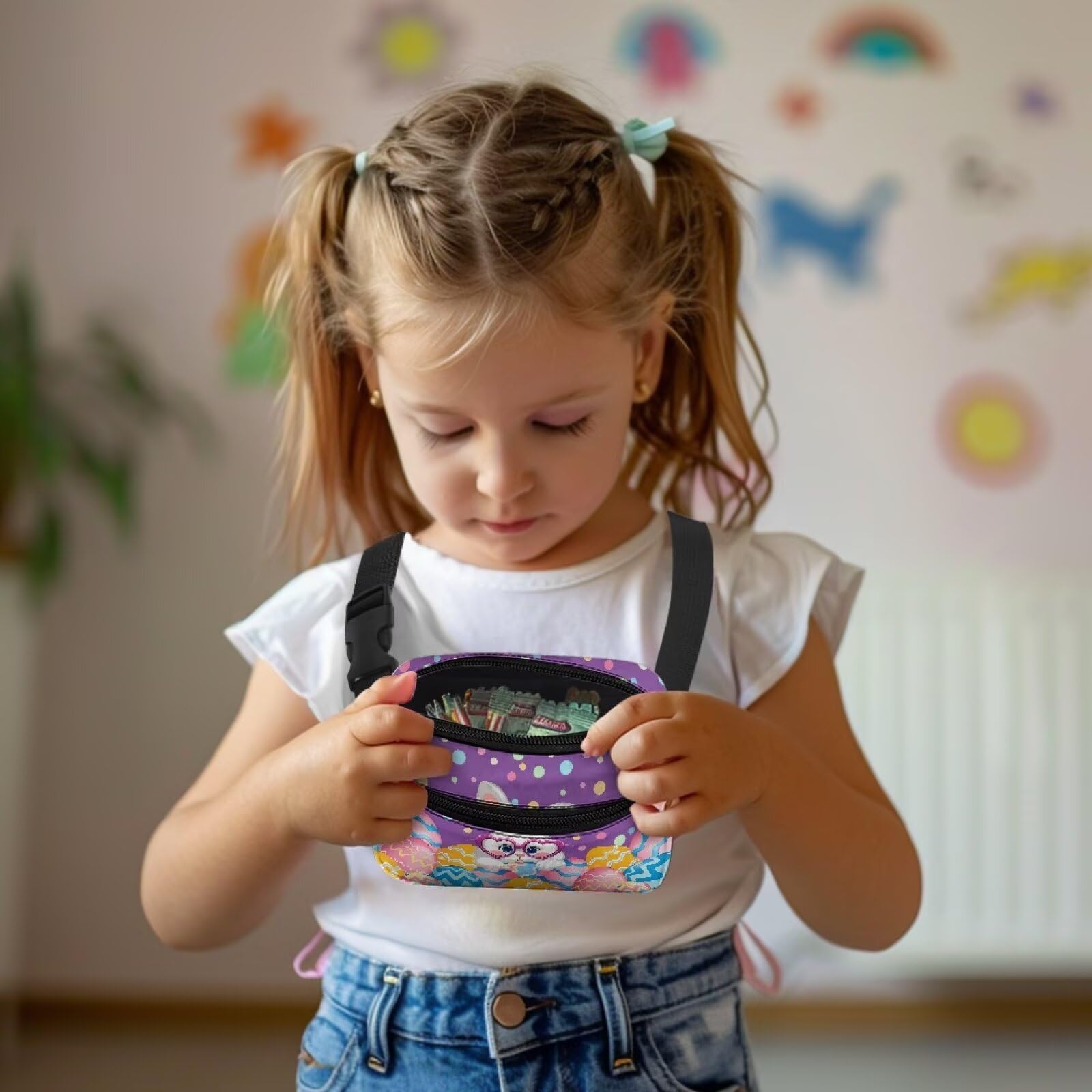 Drnuikhe Egg Cute Bunny Easter Kids Waist Fanny Pack Belt Bag Crossbody with Adjustable Waistband 25.59-38.18 Inch 2 Pockets for Teenager Boys Traveling Hiking Running School