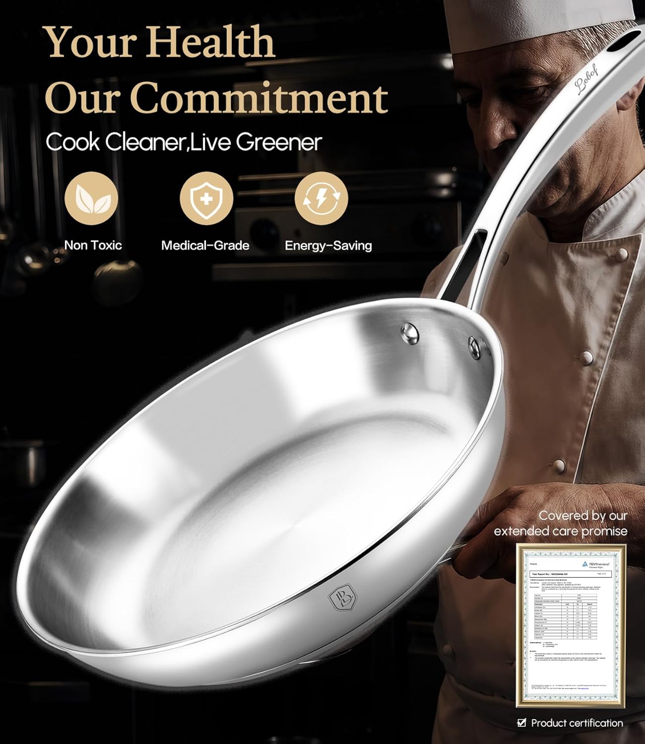 12 Inch Stainless Steel Pan, 5-Ply Clad Base for Even Heating, 800℉ Oven Safe Frying Pan, Premium Cookware for Induction, Gas & Electric