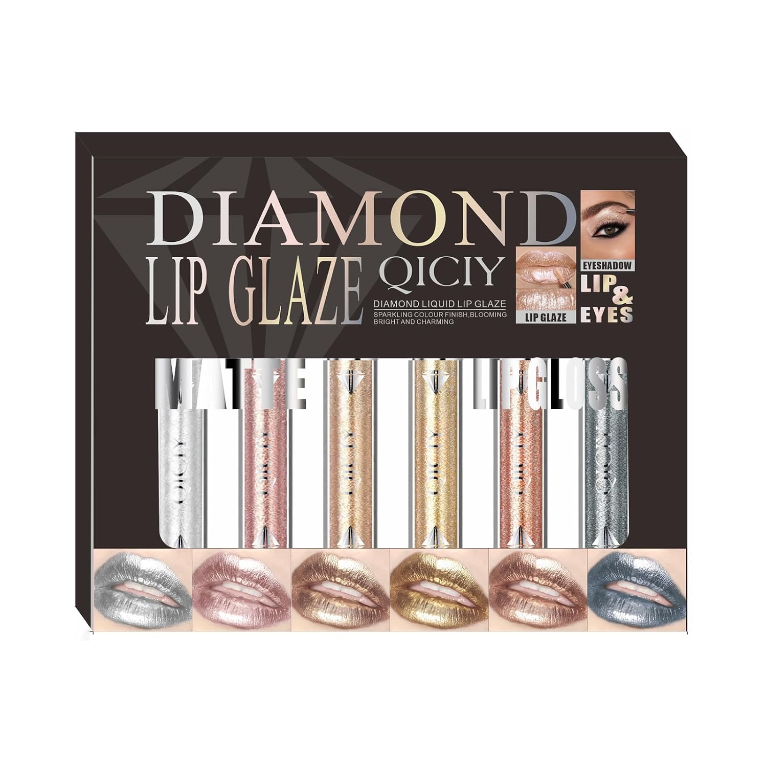 ADMD Diamond Lip Glaze 6-Piece Set Lip Gloss Glitter Sparkling Liquid Lipstick&Shimmer Eyeshadow Long-Lasting Waterproof Makeup